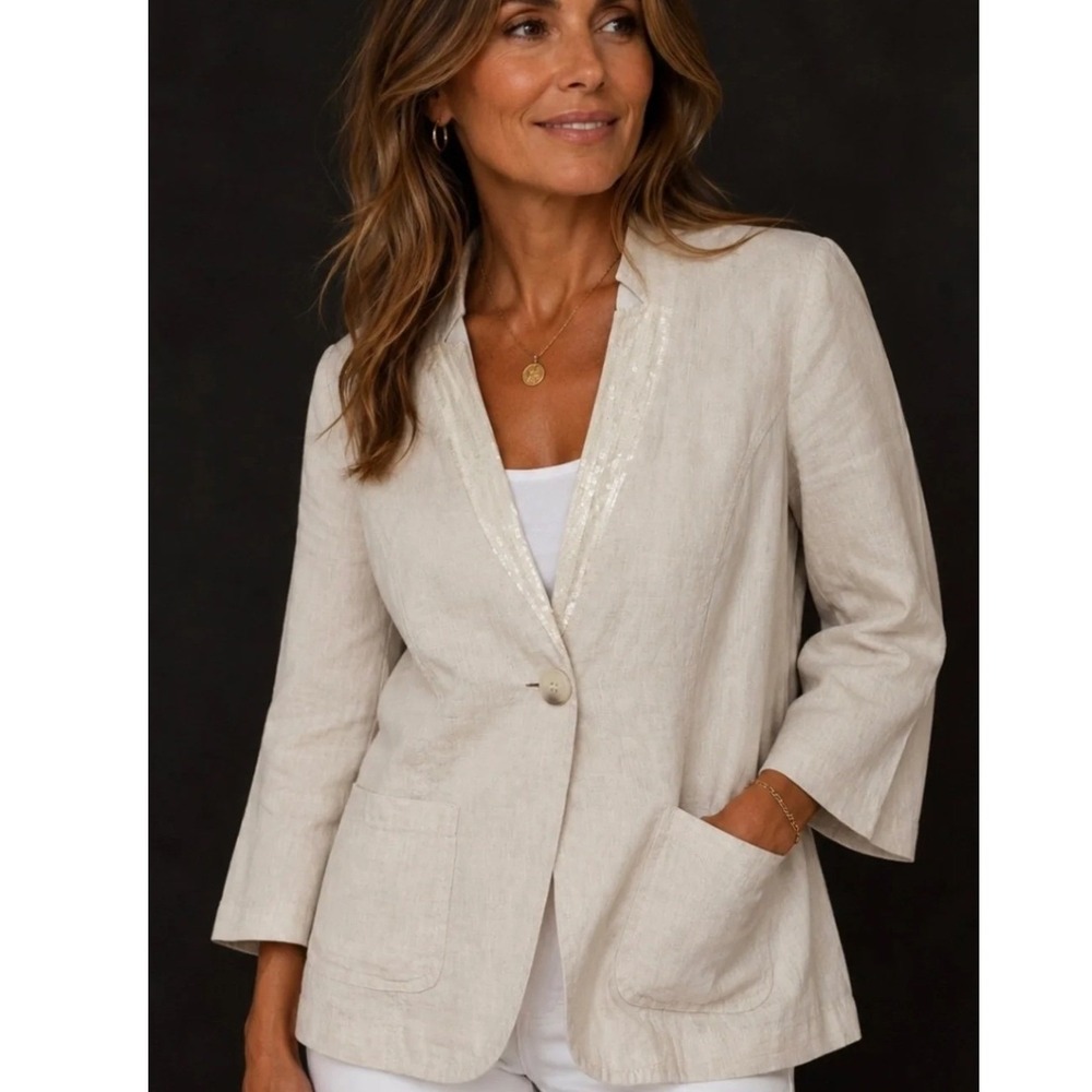 Chico's Women Size 3 Blazer Flax Linen Sequin Spontaneous Summer Jacket